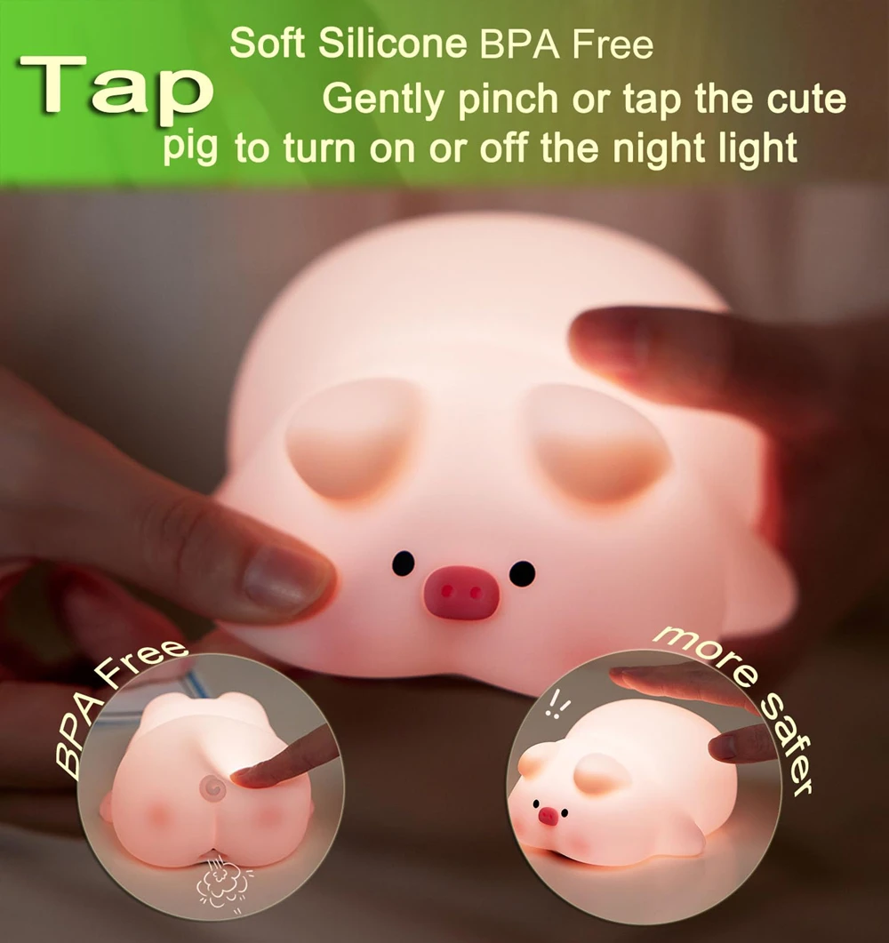 

Cute Piggy Night Light 3 Level Dimmable Silicone Touch Sensor Nightlight Rechargeable Pig Night Lamp for Girls Room Decoration