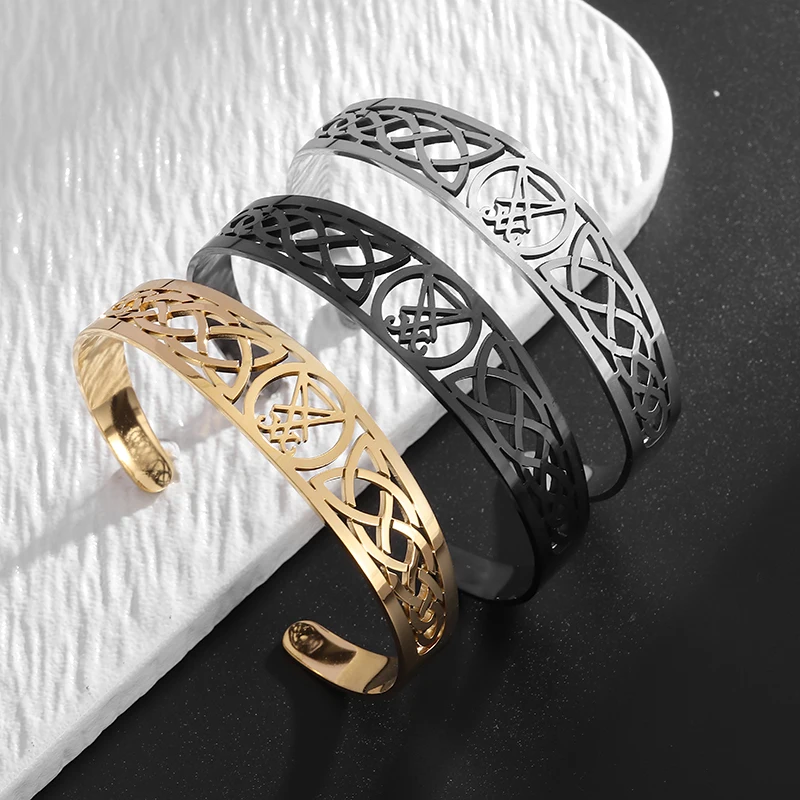 Stainless Steel Lucifer Demon Inverted Triangle Cross V Hook Bangles Men's Fashion Pagan Amulet Jewelry Accessories