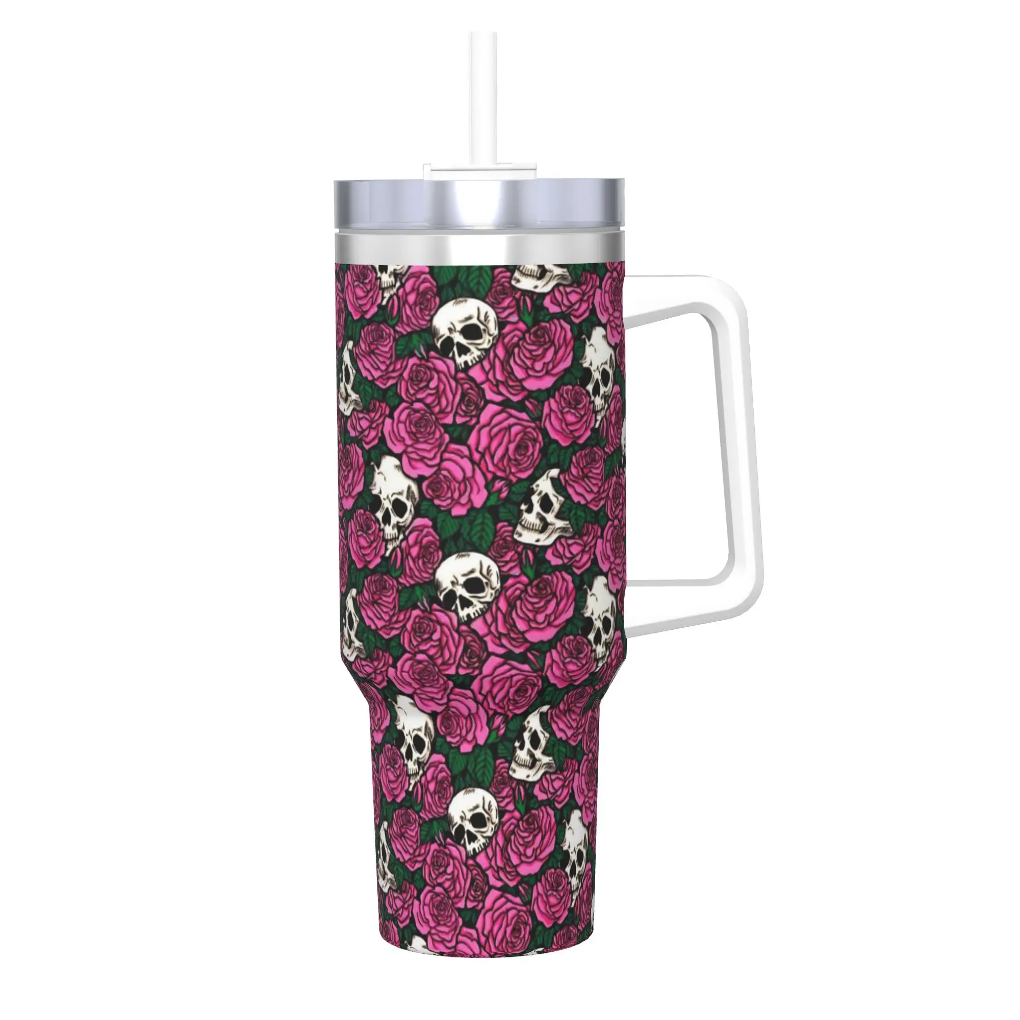 Halloween Skulls And Flowers Gothic Goth Tumbler 40oz Stainless Steel Double Wall Vacuum Insulated  Tumblers Cup With Straw