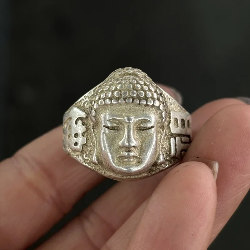 Vintage Carved Buddha Head Thumb Ring, Amitabha Buddha Pattern, Old Silver Tibetan Miao Silver Retro Finger Ring Jewelry