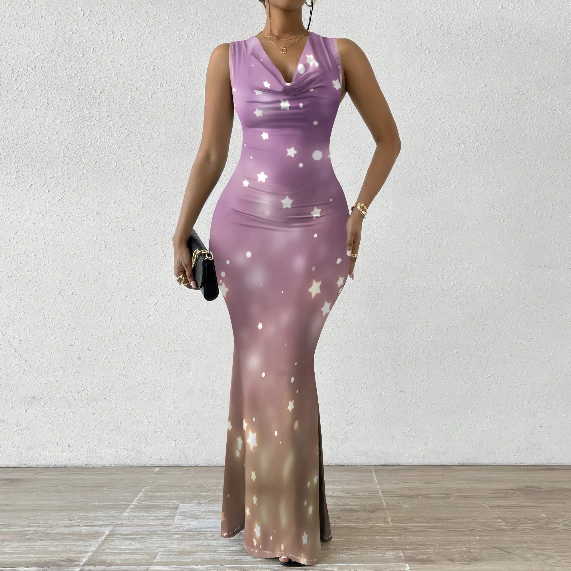 

Star Print Ombre Maxi Dress XS-2XL Sleeveless V-Neck Mermaid Style for Birthday, Romantic Dinner or Holiday Party Look