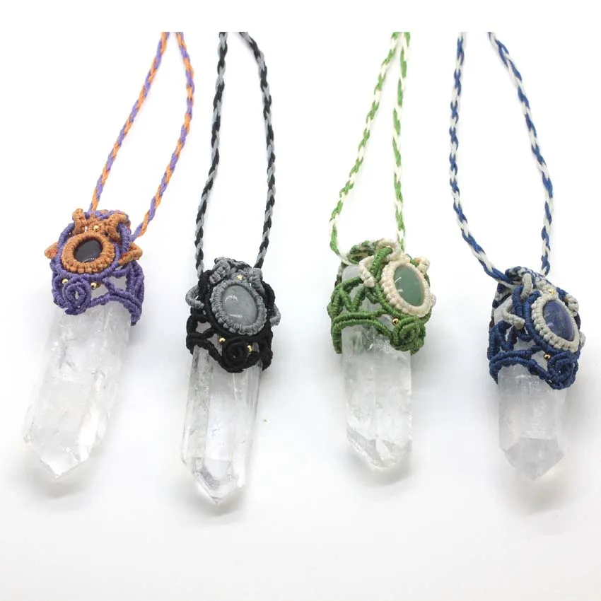 Natural White Crystal Column Stone Pendant Handmade Thread Rope Wrap Braided Macrame Healing Crystal Quartz Reiki Chain Necklace