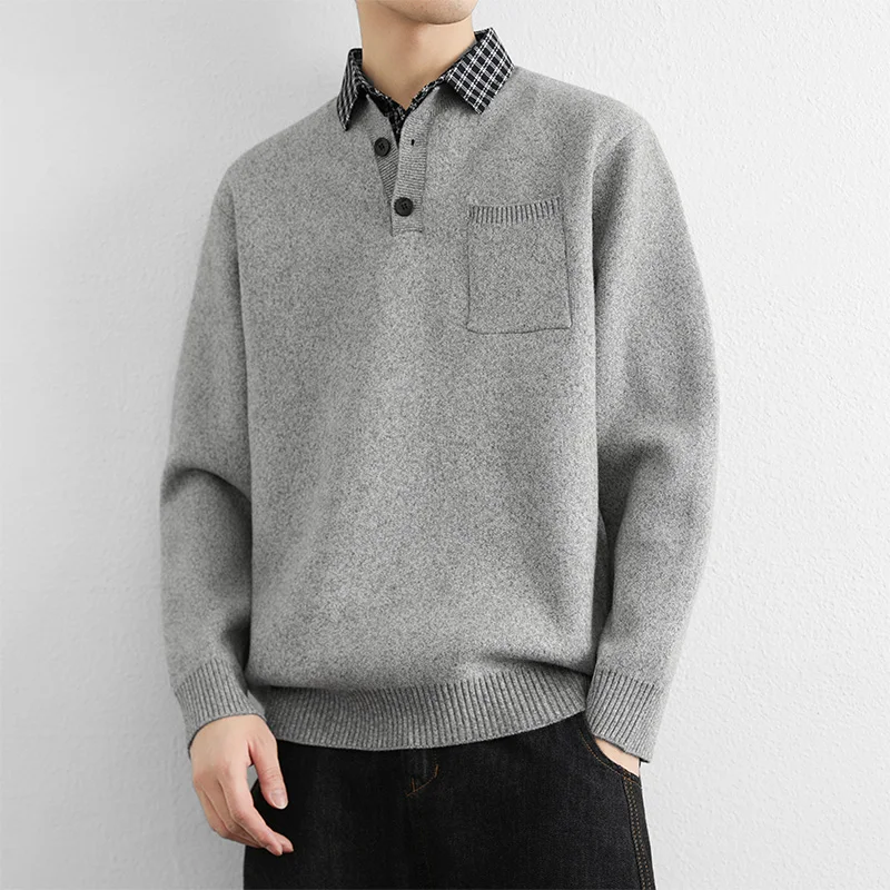 

Мужской вязаный свитер с воротником, повседневный, из мягкого полиэстера, с длинными рукавами, теплый, утолщенный, осенне-зимний базовый слой