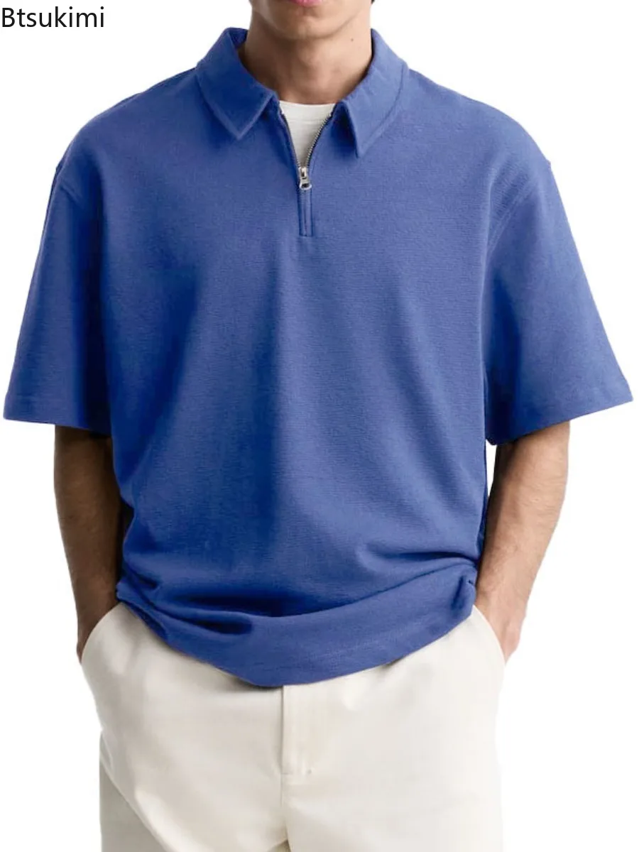 

2025 Summer Men's Solid Color Polo Shirts V-neck Half-zip Lapel Short Sleeve T-shirt for Men Casual Loose and Breathable Tops