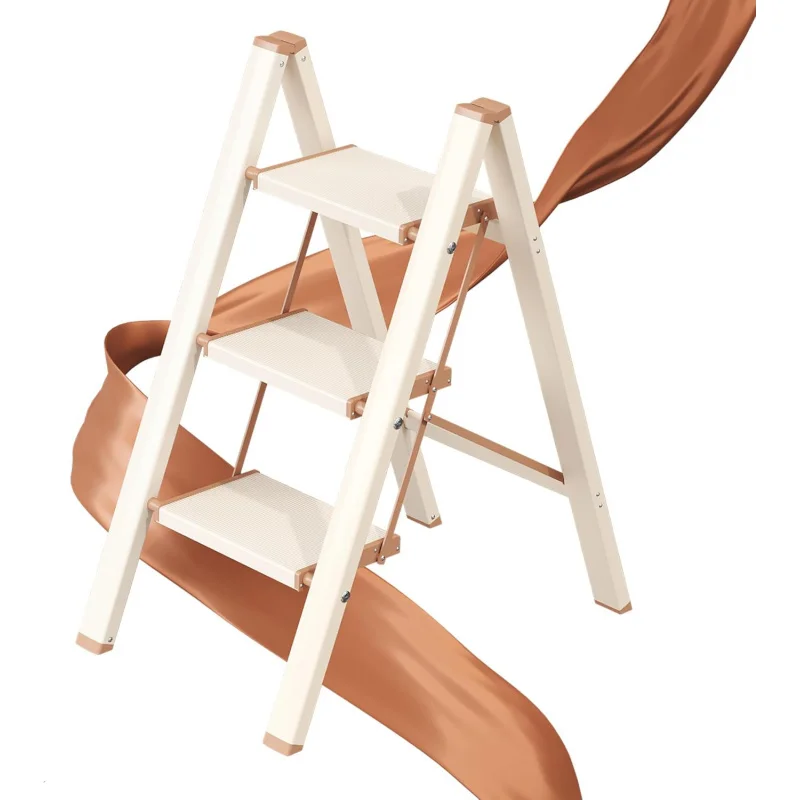 

3-Step Aluminum Folding Ladder - 300Lbs Capacity, Wider Pedals, Anti-Slip Feet & Stripes - Cream Chocolate Finish