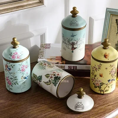 Vintage Ceramic Kitchen Canister Jars Storage Bottles Retro Tea Candy Tin Sugar Pot Organizer Painted Storage Jar Cans Cooking