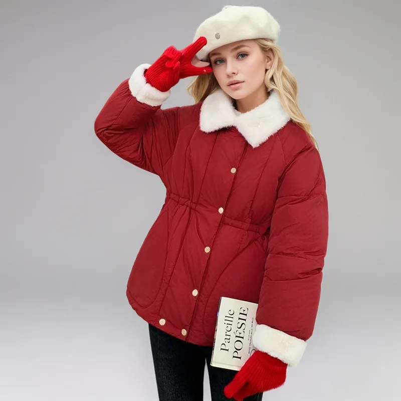 

Patchwork Female's Winter Padded Coat Color Blocked Single Breasted Lambswool Lady's Jacket Lapel Collar Casual Coat For Women