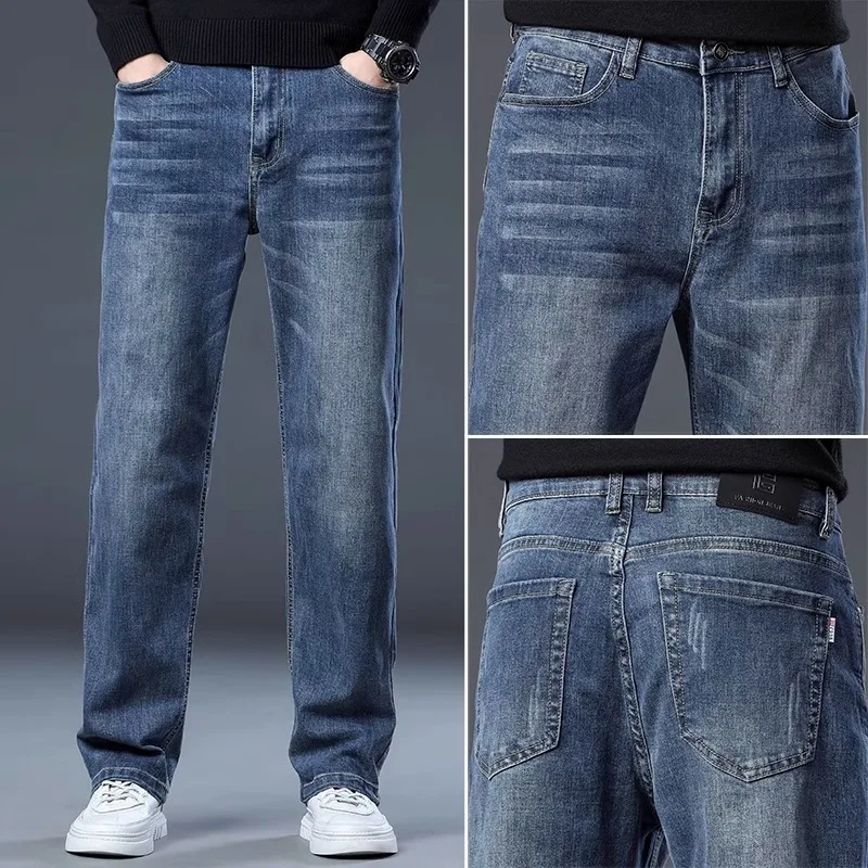 جينز رجالي للربيع والخريف فضفاض مستقيم قابل للتمدد مقاس كبير سروال طويل غير رسمي للرجال عصري رائع