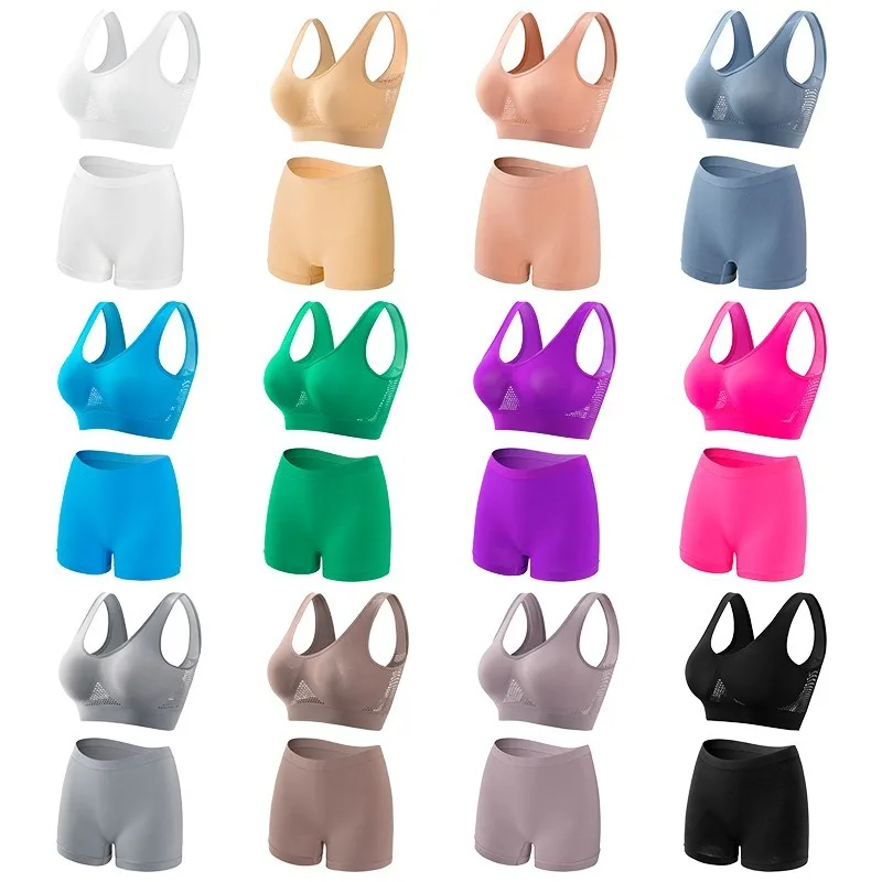 Women's Mesh Breathable Wireless Sports Bra Set Push Up Yoga Bra High Waist Shorts Seamless Workout Lingerie for Gym Running