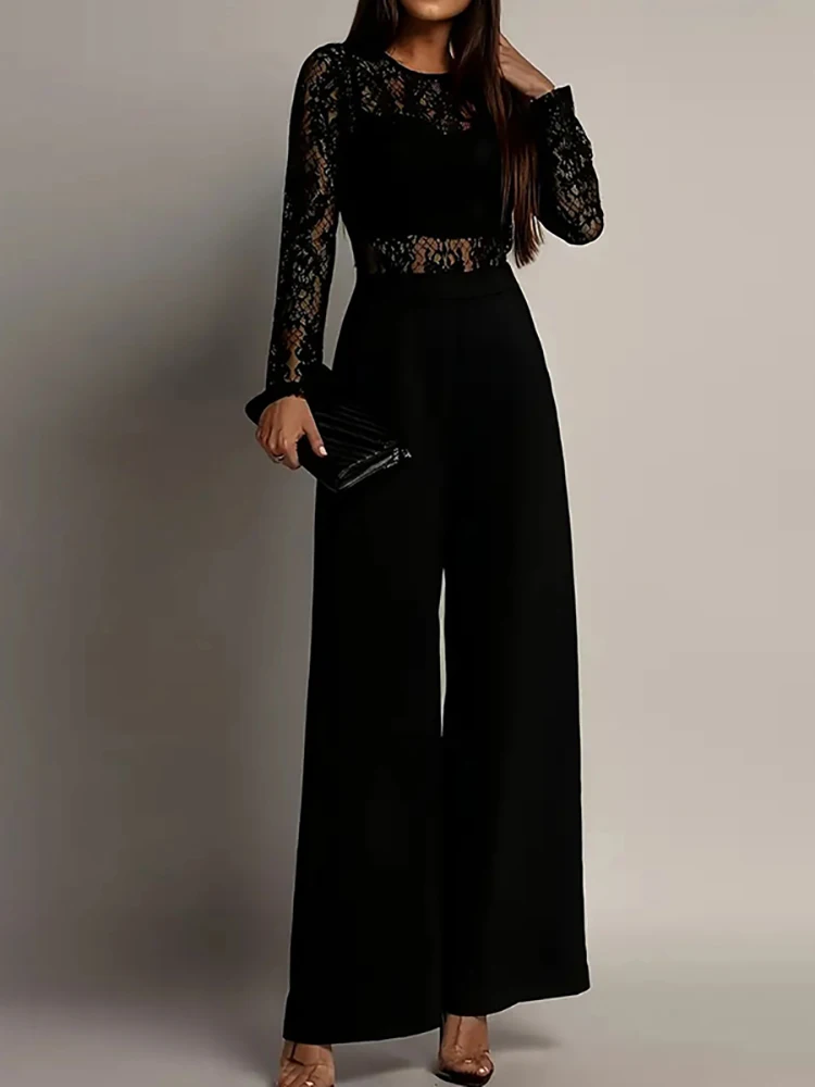 

Весенний повседневный комбинезон с длинным рукавом, однотонный, летний элегантный комбинезон с высокой талией, облегающий, модный комбинезон с круглым вырезом и кружевной вышивкой