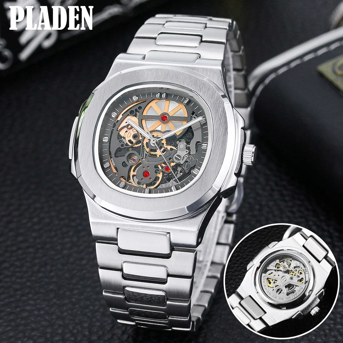 Hot Fashion Watch For Mens Brand PLADEN Luxury Stianless Steel Skeleton Watches AAA Automatic Mechanical Wristwatch Male Reloj