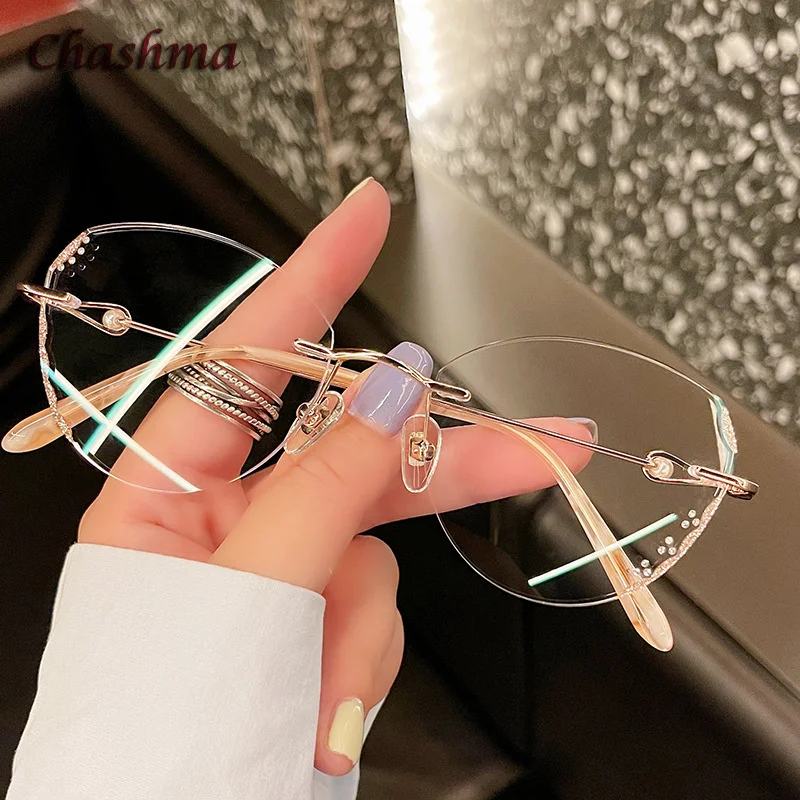 

Chashma Prescription Glasses Glitter Optical Myopia Eyewear Jewelry Round Fashion Rimless Titanium Eyeglasses Frames for Women