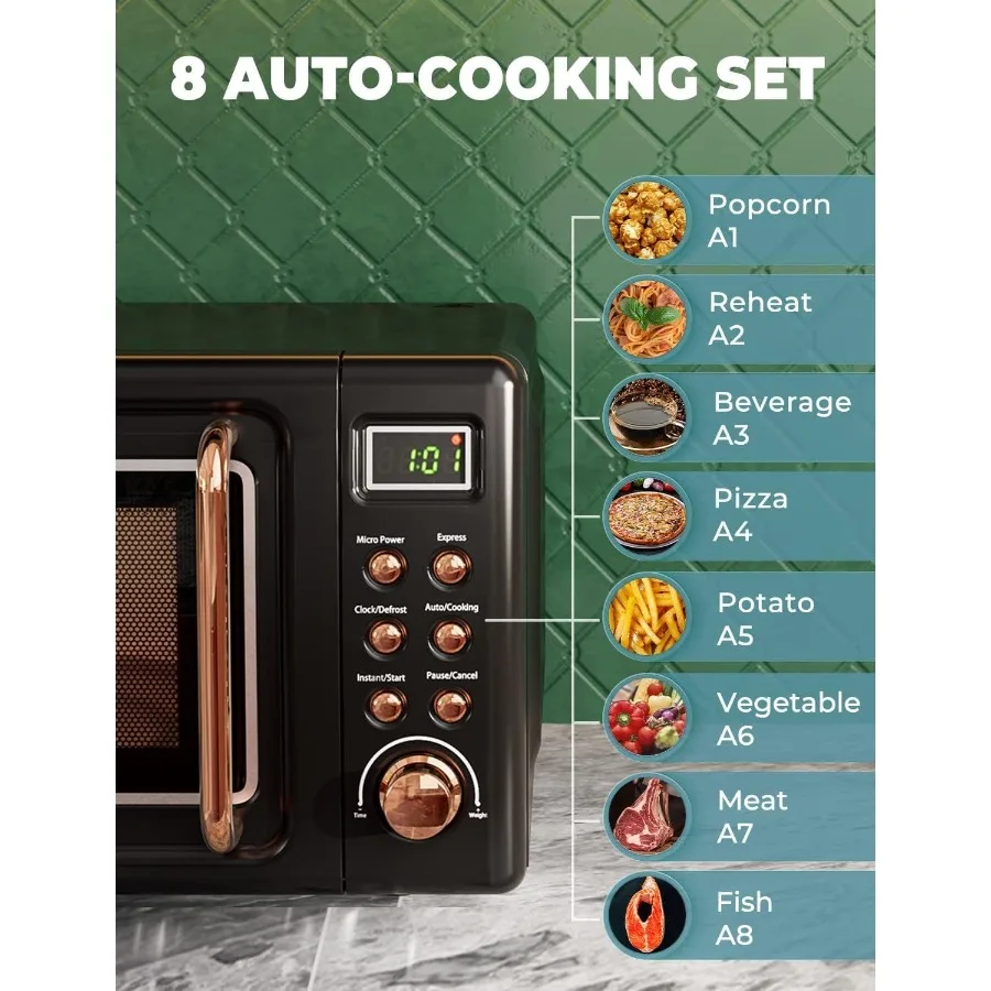 فرن ميكروويف ريترو مدمج للاستخدام على سطح المطبخ: 0.7 قدم مكعب صغير الحجم مع وظيفة تذويب 5 مستويات طاقة الميكروويف 8