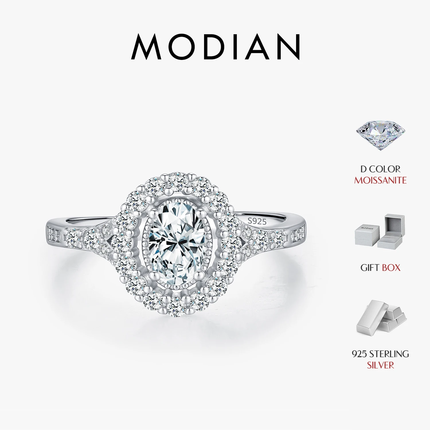 

Кольцо MODIAN с овальным муассанитом 0,5 карата, из стерлингового серебра 925 пробы, эффектное ювелирное украшение с круглым вырезом, имитация бриллианта, для женщин, обручальное кольцо