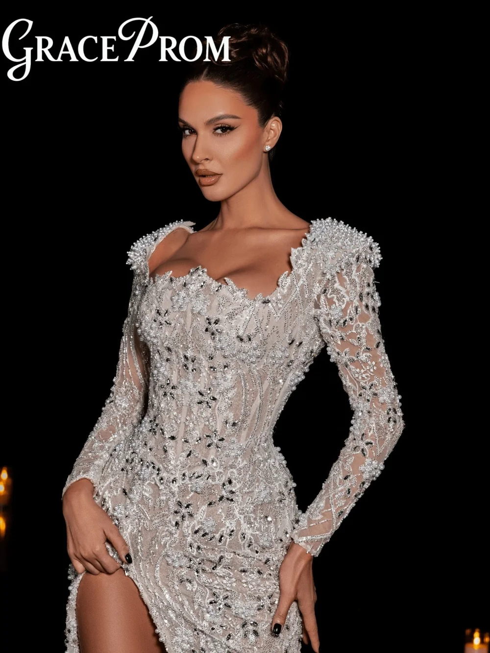 

GraceProm Square Neck Long Sleeve High Slit Evening Dress 2026 Nude Sheer Beaded Gown stylish Floor-Length Gown robes de soirée