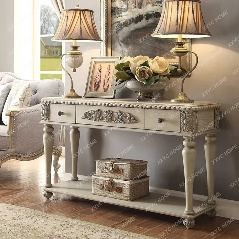 XXVintage Country Solid Wood Carved Entryway Cabinet Style Hall Tree Storage Console Table for Living Room
