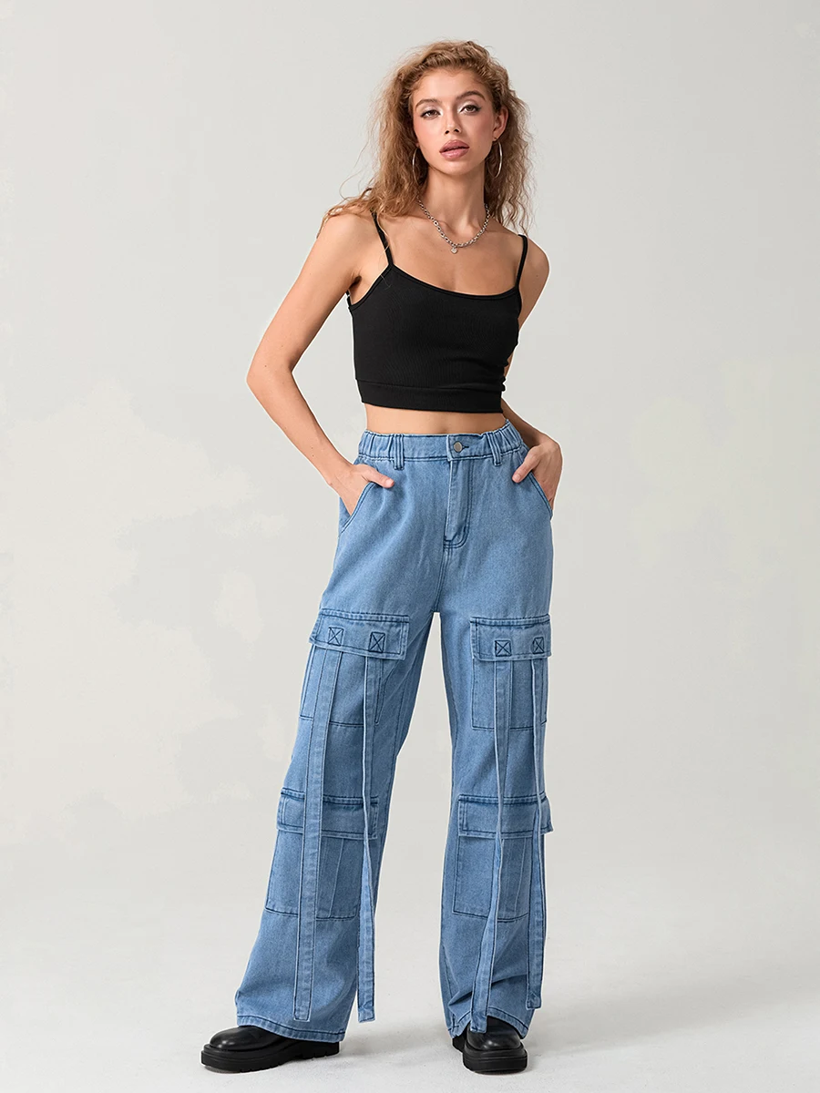 wsevypo Women Retro Cargo Jeans Pants Fashion Streetwear Elastic Mid Rise Straight Leg Loose Denim Pants with Pockets