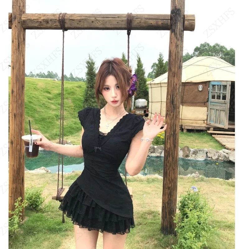 Vestido sexy suave subcultura 2000s verão coreia harajuku estética femme roupas femininas cintura fina renda vestido em camadas