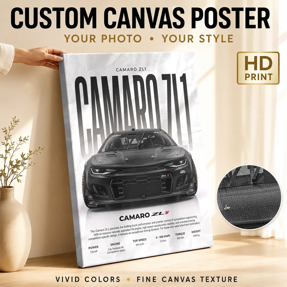 Front View Black American Camaro ZL1 Track Car Framed Canvas Print Poster Personalized Photo Bold Canvas Wall Art Garage Decor