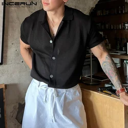 INCERUN Tops 2024 Korean Style Men's Solid Knitted Design Shirts Casual Street All-match Comfortable Short Sleeved Blouse S-5XL