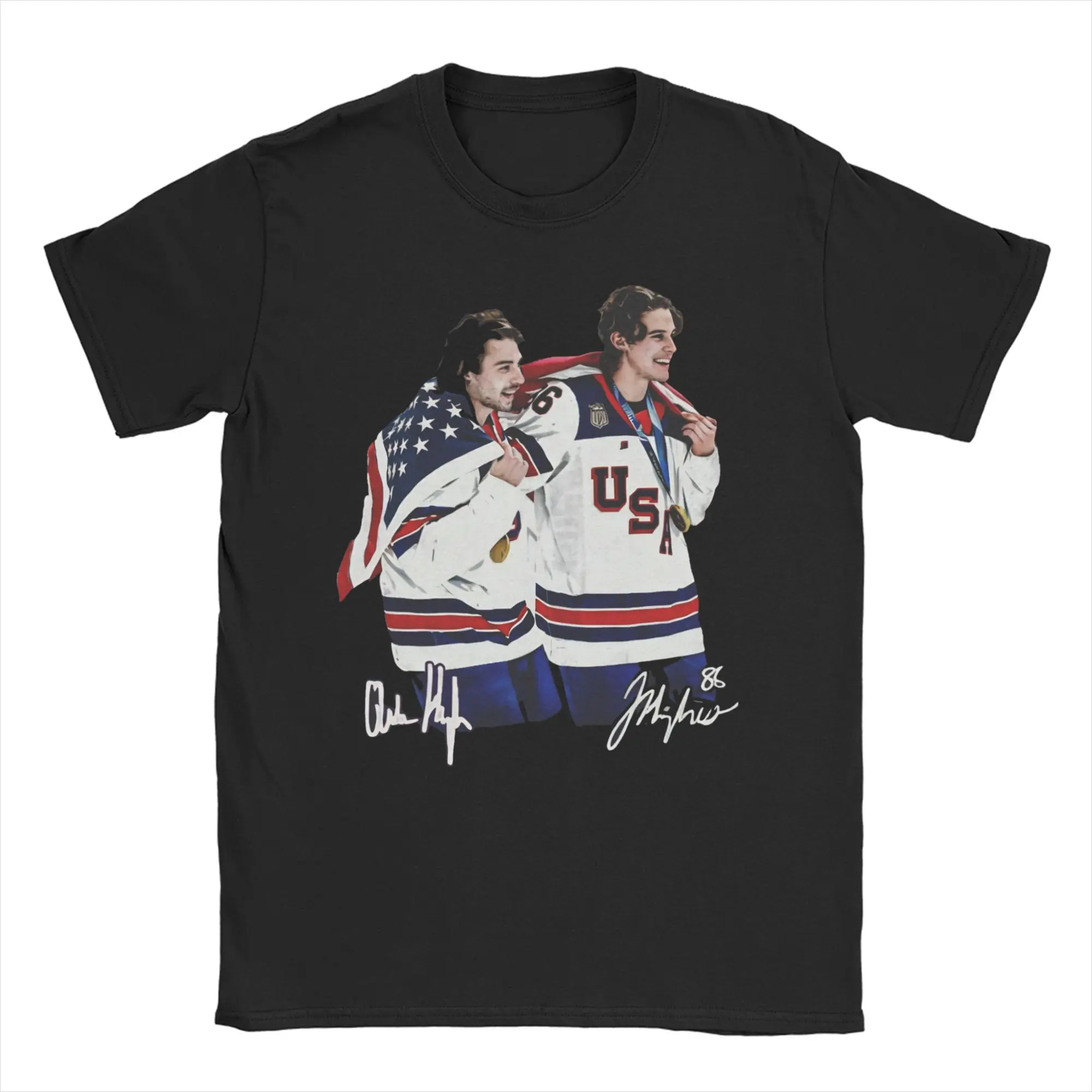 Amazing Jack Hughes USA Gold Medal Hockey T-Shirts for Women Men Crew Neck Cotton T Shirts Short Sleeve Tees New Arrival Clothes