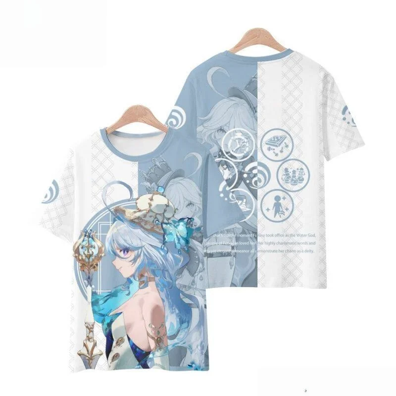 Healing-style Water God Blue Aesthetic! Adult and Children's Genshin Impact Fennina 3D Printed Sports Casual T-Shirt