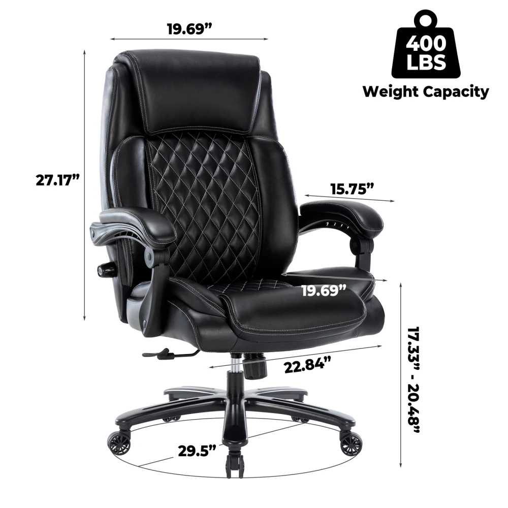 500lbs Heavy Duty Office Chair, Wide Seat Bonded Leather Office Chair with 30-Degree Back Tilt & Lumbar Support (Black)