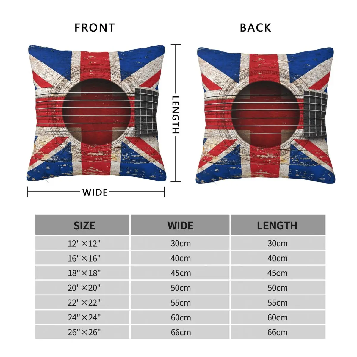Acoustic Guitar British Flag Square Pillowcase Polyester Linen Velvet Printed Zip Decorative Bed Cushion Cover