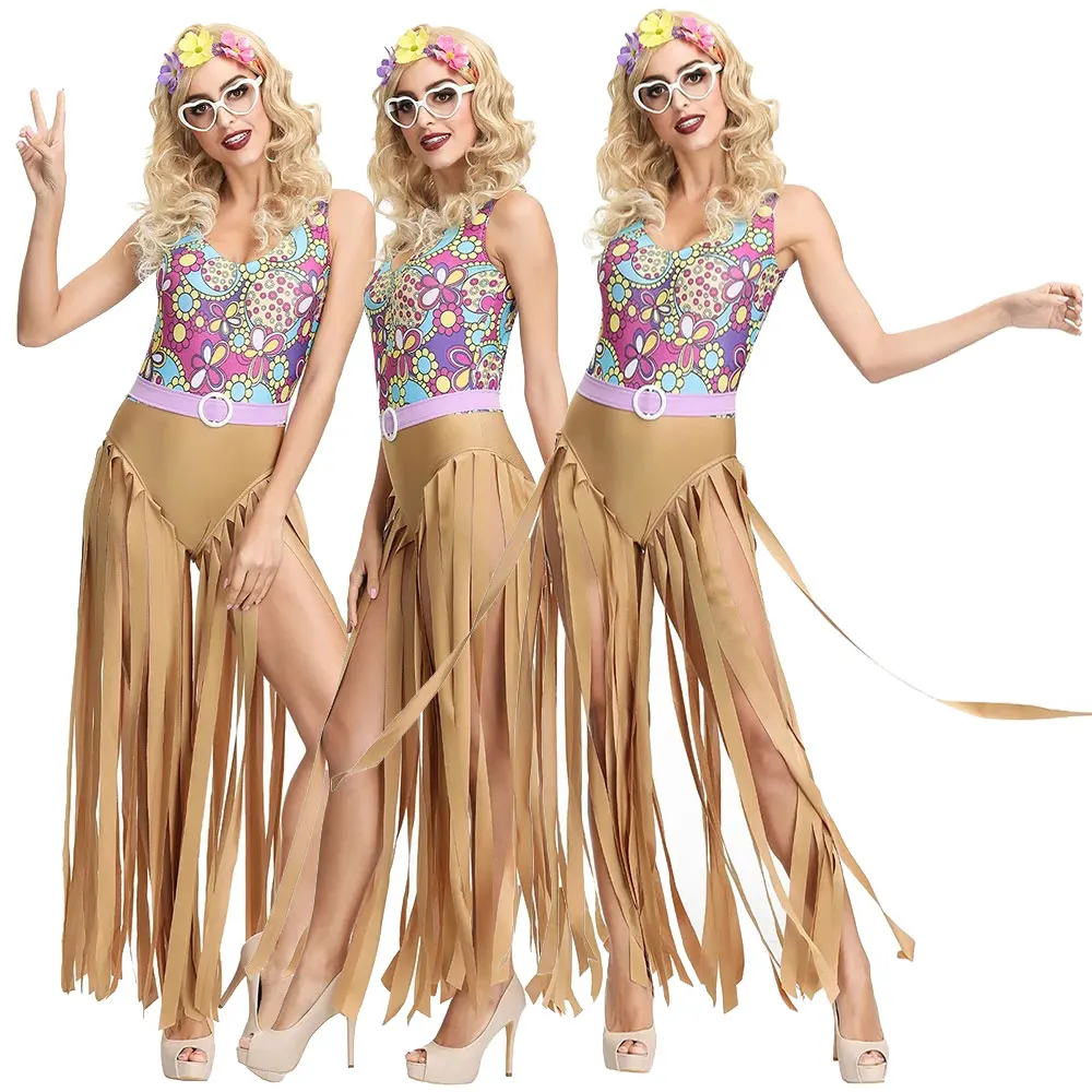 

Retro Disco Hippie Costume Women Peace Love Girls Party Hippie Costume 70s Hip Hop Stage Suit ndian Tassels Hippie Outfits