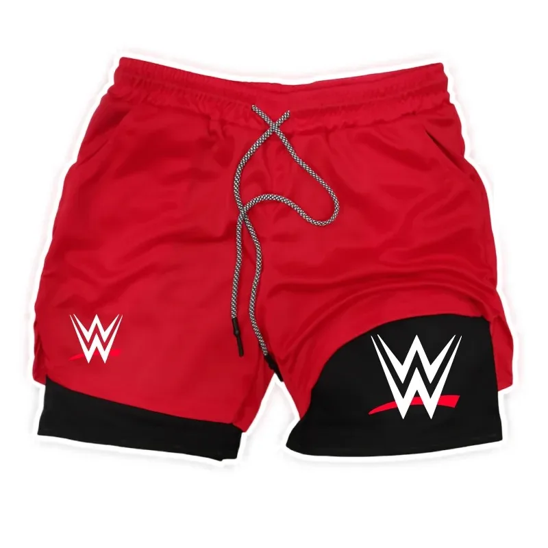 Nuovo WWE American Logo Stampa 2-in-1 Pantaloncini da corsa da uomo Pantaloni Pantaloncini da prestazione fitness con tasca per telefono Anello per asciugamano Sport