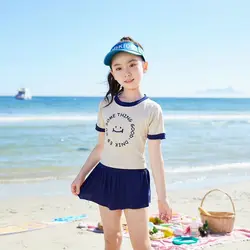 Children's Short Sleeve Swimsuit, Baby Girl Swimwear, Swimming Pool Bathing Suit, Korean Version, New, 2 Pcs, 5-8 Years Old