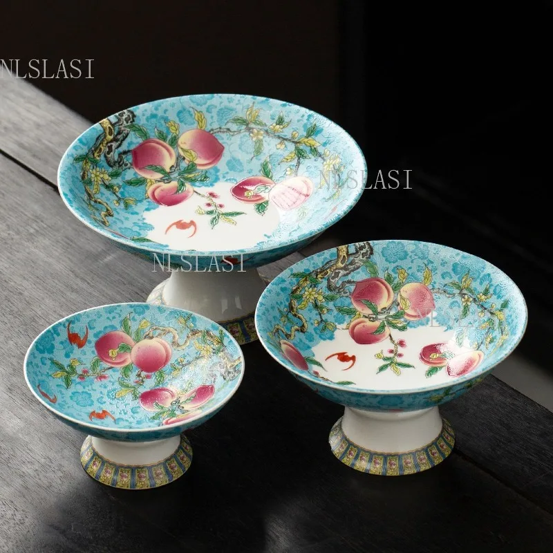 Turquoise Base Famille Rose Peach Pattern High Foot Porcelain Fruit Bowl Background Glaze Decorative Serving Tray Dessert plate