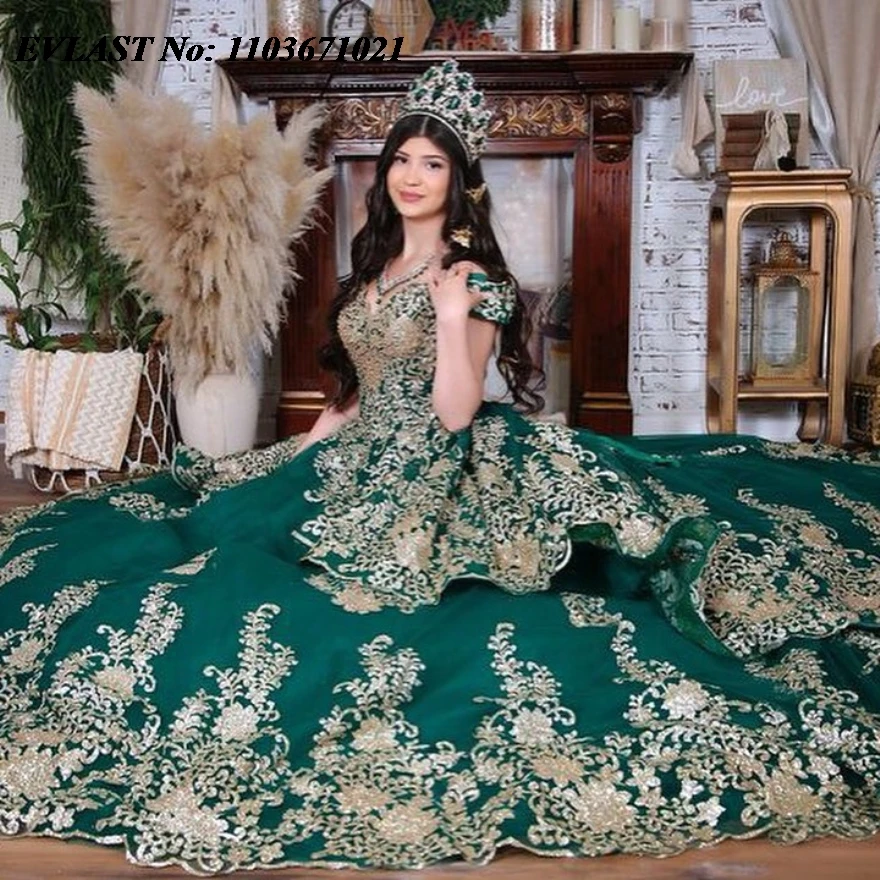 EVLAST Glitter verde Quinnceanera abito da ballo oro pizzo Applique perline corsetto a strati dolce 16 Vestidos De 15 Anos SQ500