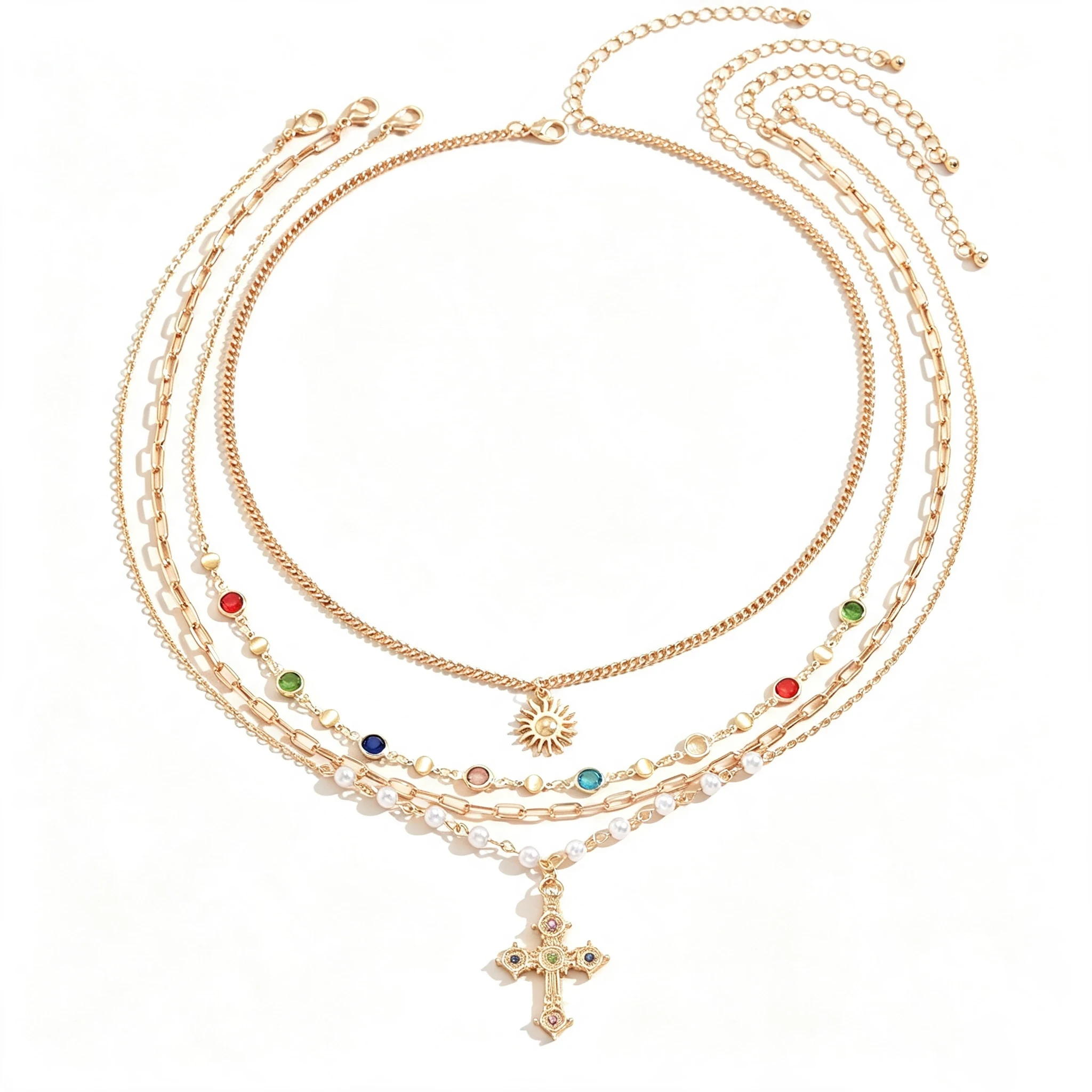 Gold Silver Multi‑Layer Stacked Necklace Set Color Rhinestone Sun Cross Pendant Imitation Pearl Boho Women Neck Jewelry