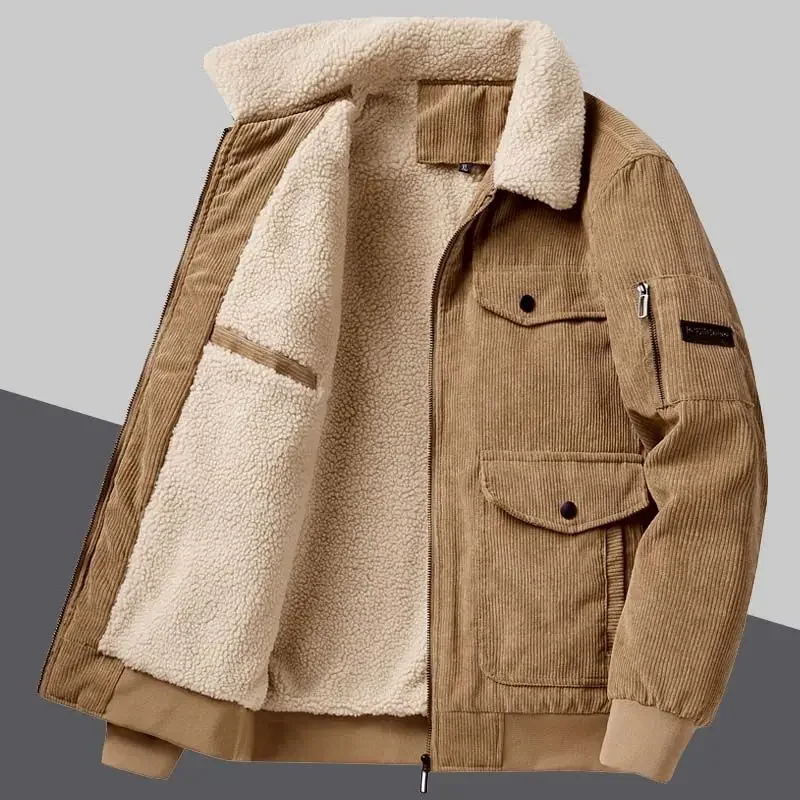 

Luxury Winter Warm Jackets Lamb's Wool Padded Men Military Multi-pocket Corduroy Thick Coat Zipper Long Sleeves Outerwear Korean