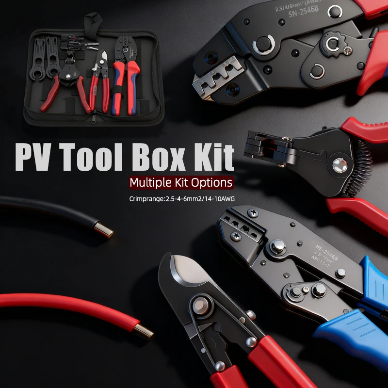 

Набор инструментов для солнечных фотоэлектрических систем, подходит для проводов 2,5/4/6 мм², оснащен инструментом для зачистки проводов, солнечным ключом и набором солнечных разъемов.