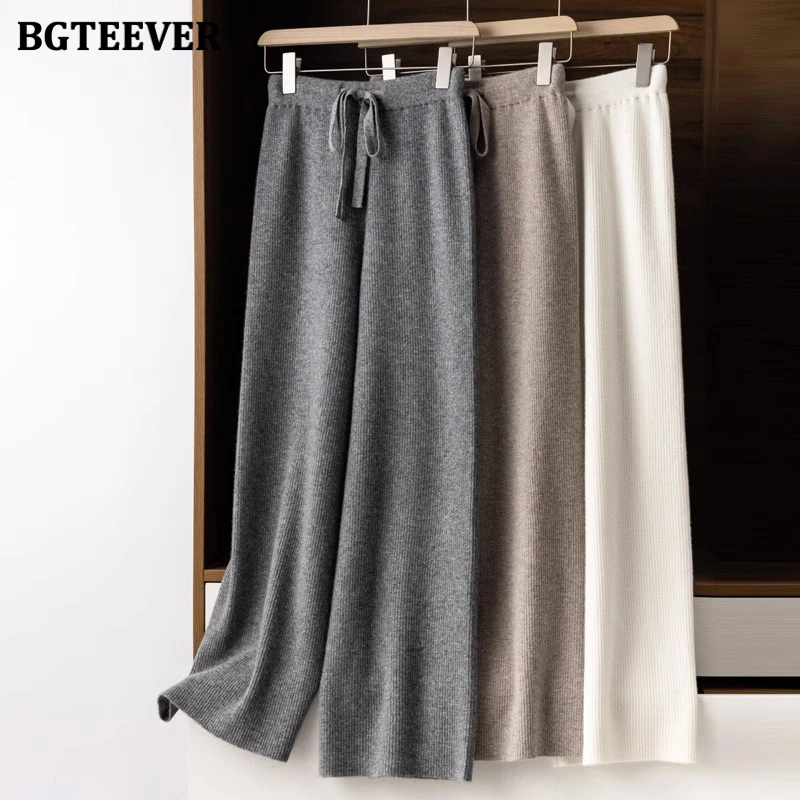 

BGTEEVER Elegant High Waist Lace-up Floor-Length Ladies Wide Leg Sweater Pants Autumn Winter Loose Female Knitted Straight Pants