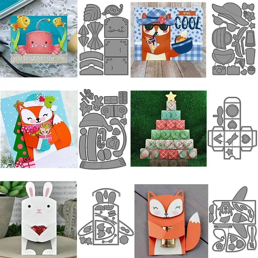 3D Mini-Geschenkbox Metall-Stanzformen-Set Fuchs Hase Faltbarer Anglerfisch für DIY Scrapbooking Dekoration Kartenherstellung