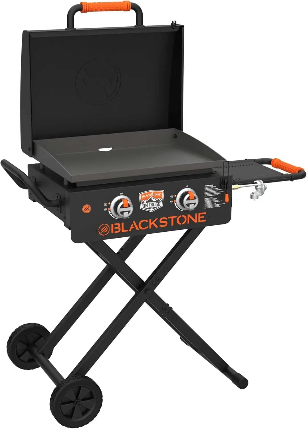 Blackstone 22” On The Go Scissor-Leg Griddle with Two Burners -Stainless Steel Gas Griddle with Hood, Wheels, Side Shelf –Heavy