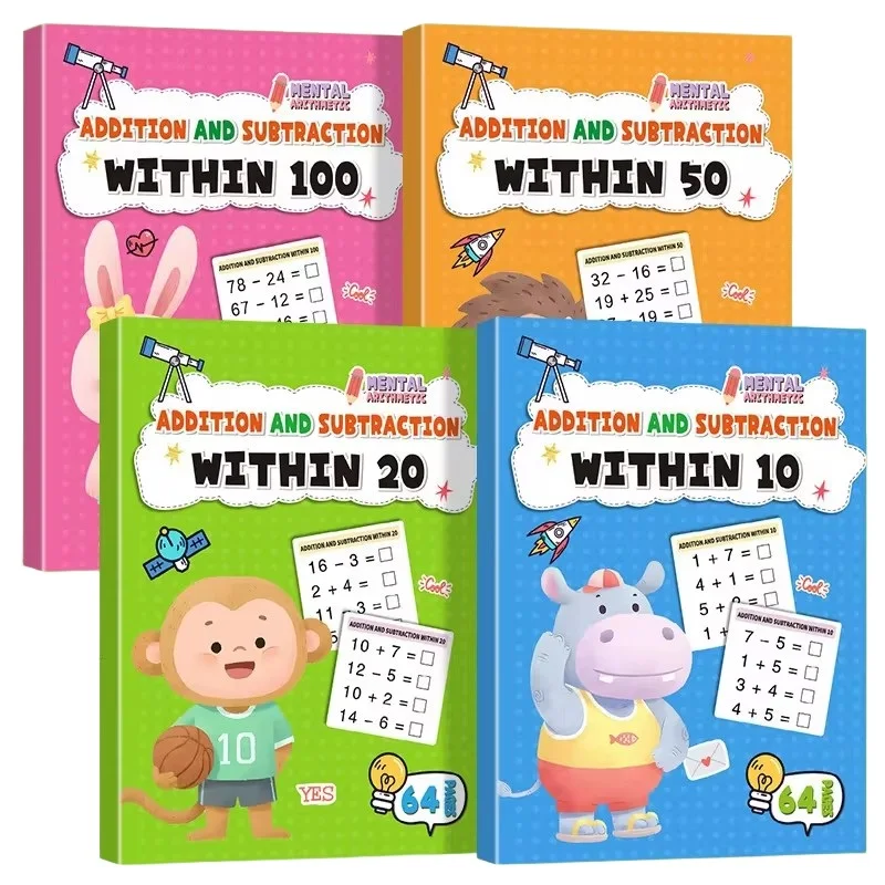 مجموعة كتب لتدريب الرياضيات مكونة من 4 كتب للأطفال 10-100 إضافة/طرح - مصنف الإعدادية لمرحلة ما قبل المدرسة إلى المدرسة الابتدائية