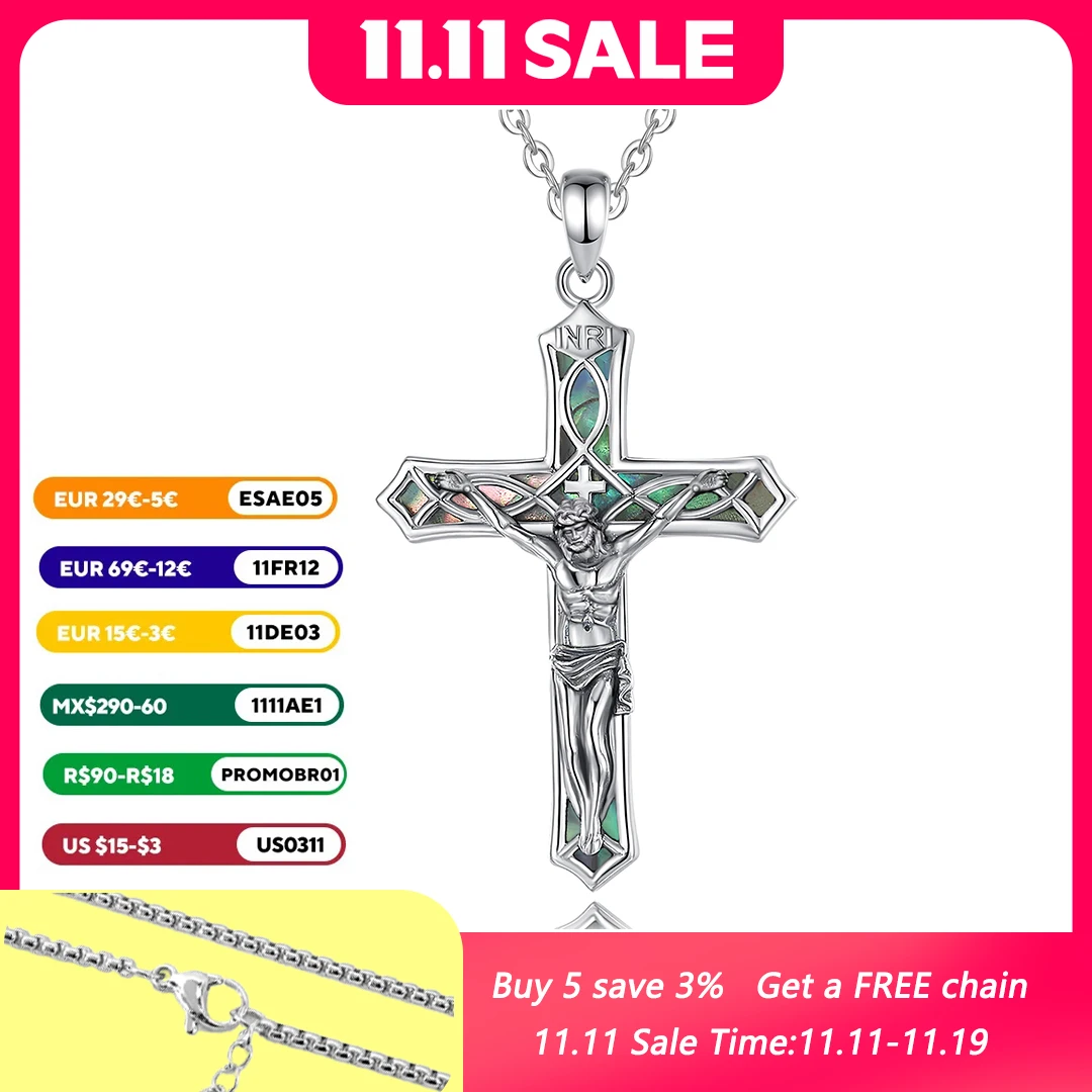 

Eudora 925 Sterling Silver Crucifix Cross Necklace Abalone Shell Jesus Pendant Christian Jewelry Religious Gift for Men Women