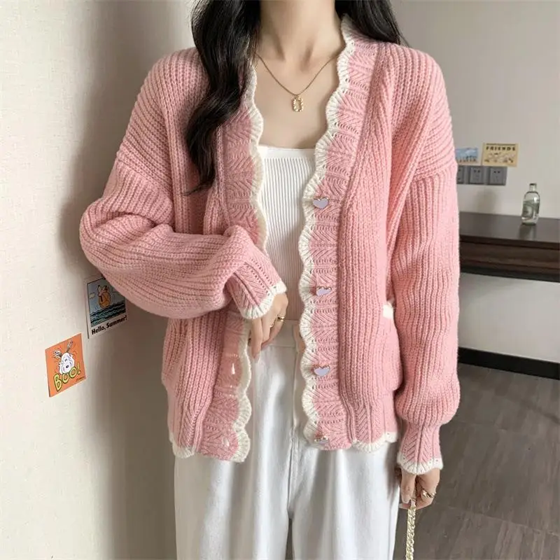 Sweet V-neck Heart-shaped Button Knitted Cardigan Top Autumn and Winter New Gentle Loose Sweater for Women