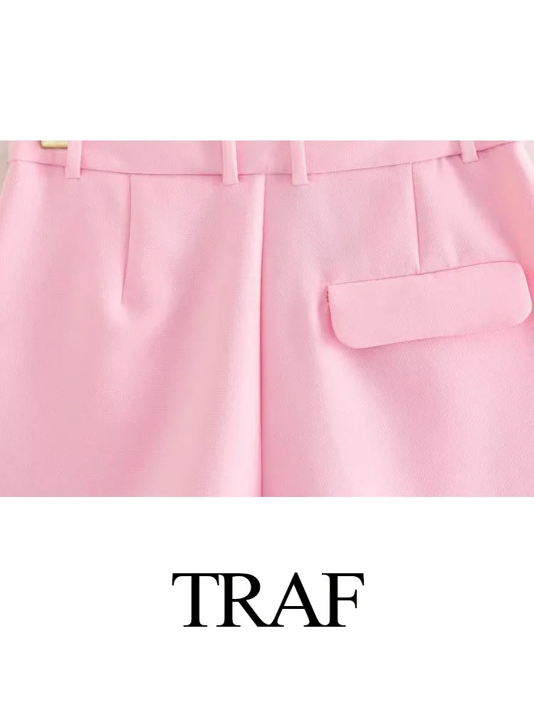 TRAF 2023 Fashion Women Pants Chic Wrinkle Side Pockets Decorate Casual Short Pant Female High Waist Slim Commute Office Shorts