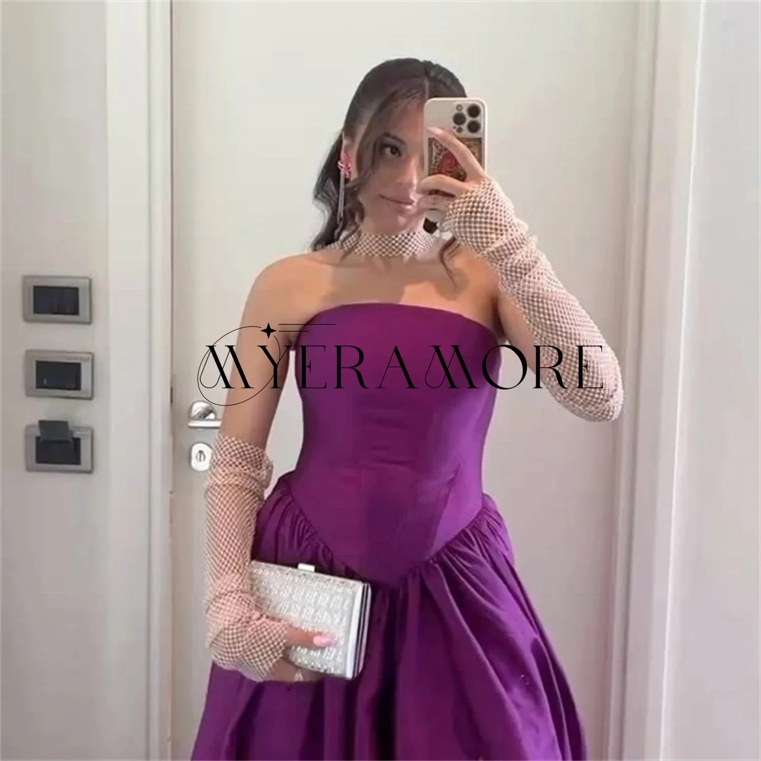 فساتين سهرة بسيطة بدون حمالات أرجواني على شكل حرف a دانتيل قابل للانفصال كم طويل فتحة جانبية فساتين حفلات مخصصة رداء السهرة