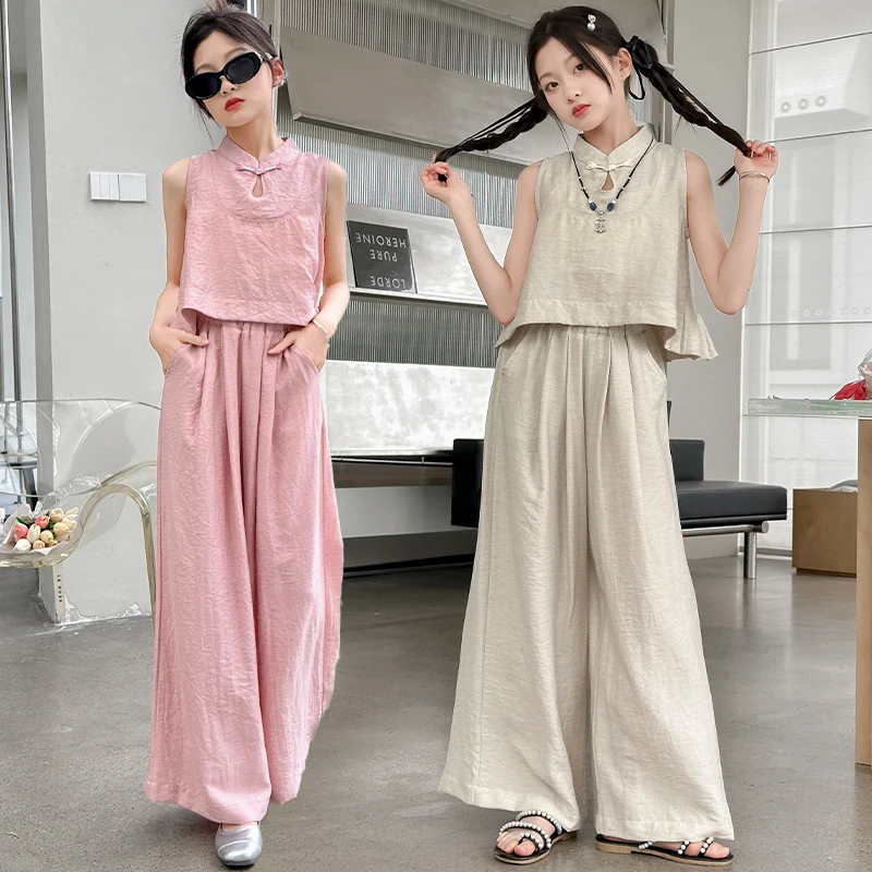 Chinese Style Children Clothes Girl Summer Sleeveless Tank Top and Wide Leg Pants Two Piece Set 2026 Loose Breathable Casual