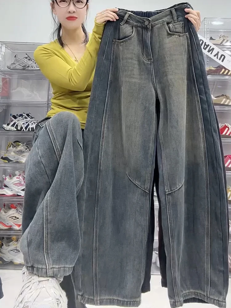 

Джинсы женские с высокой талией, на подкладке, в пол, осенне-зимние, новые, больших размеров, свободные, стройнящие, из денима