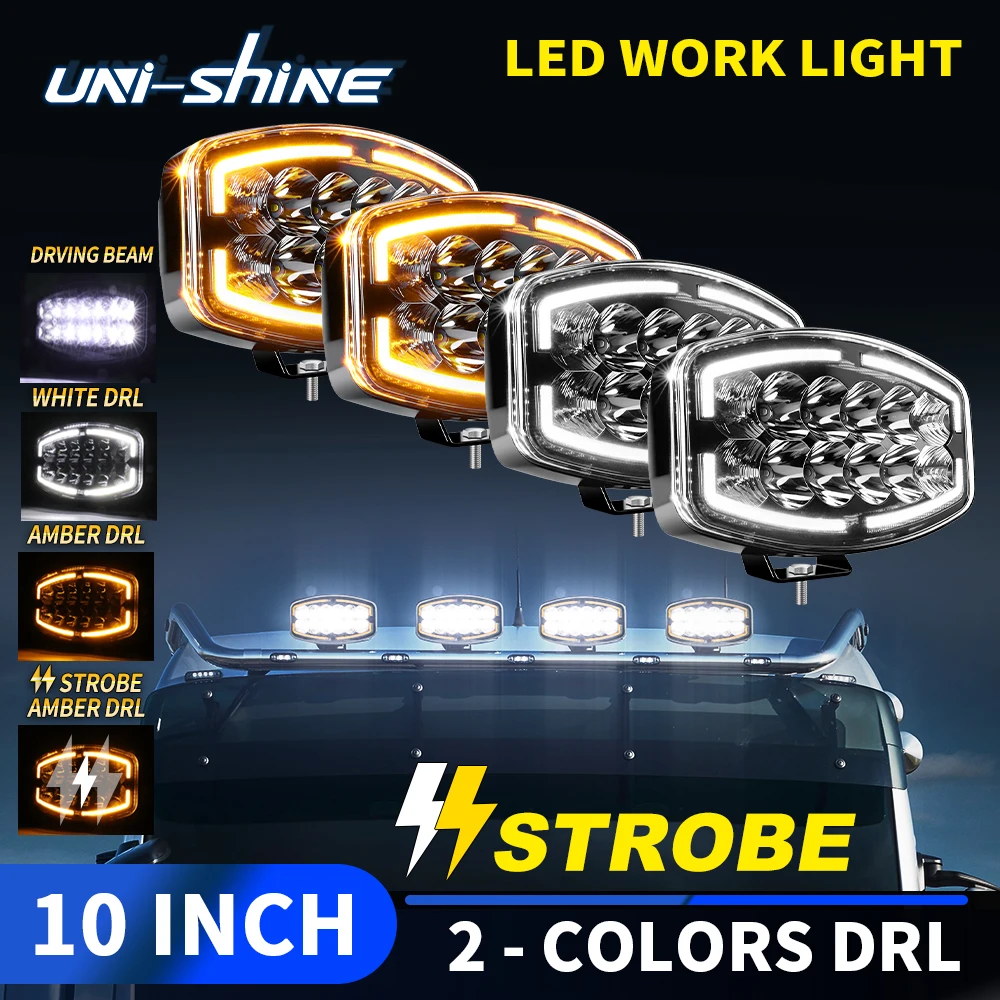 UNISHINE 10 Zoll 2-Farben-LED-Fahrlicht Weiß DRL Amber Stroboskop Wasserdichte LED-Arbeitsleuchte für Auto LKW Traktor Gabelstapler Offroad