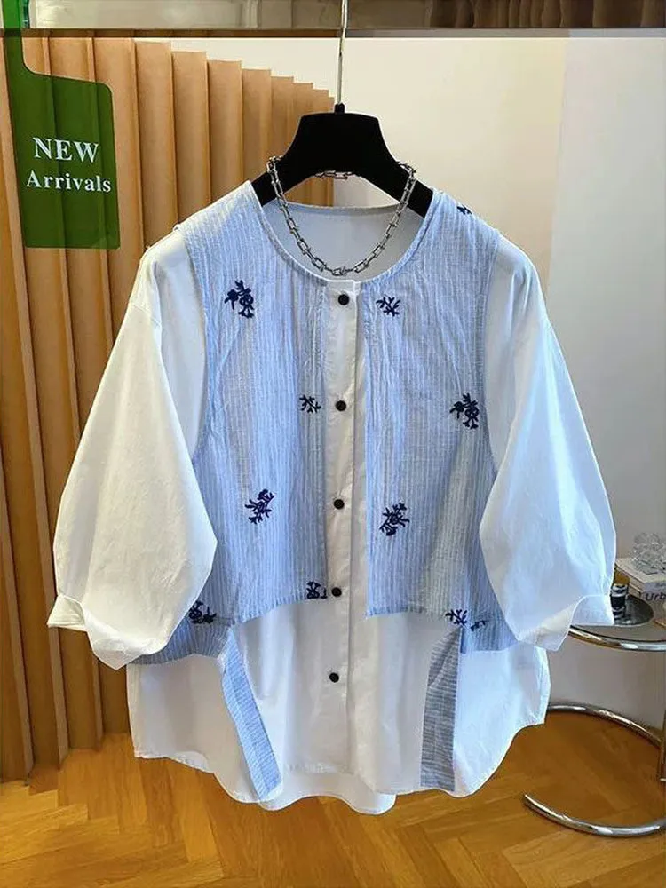 

plus Size 300 Pounds Patchwork Shirt Women Summer American Design Loose Casual Elegant Top Korean Style round Neck Long Sleeve