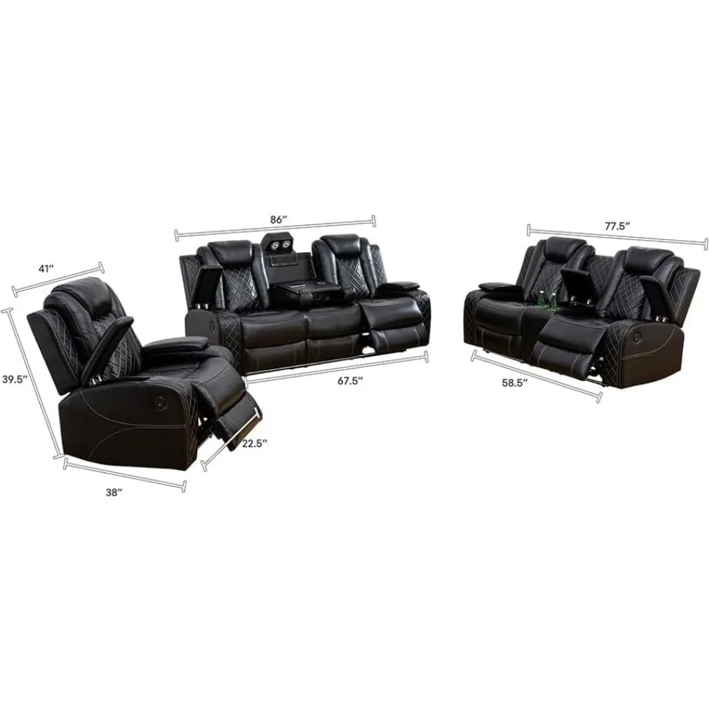 Multifunction Power Recliner Couch Set with LED Light, Storage Console, Cup Holders, USB Charging Port (3Piece, Black)