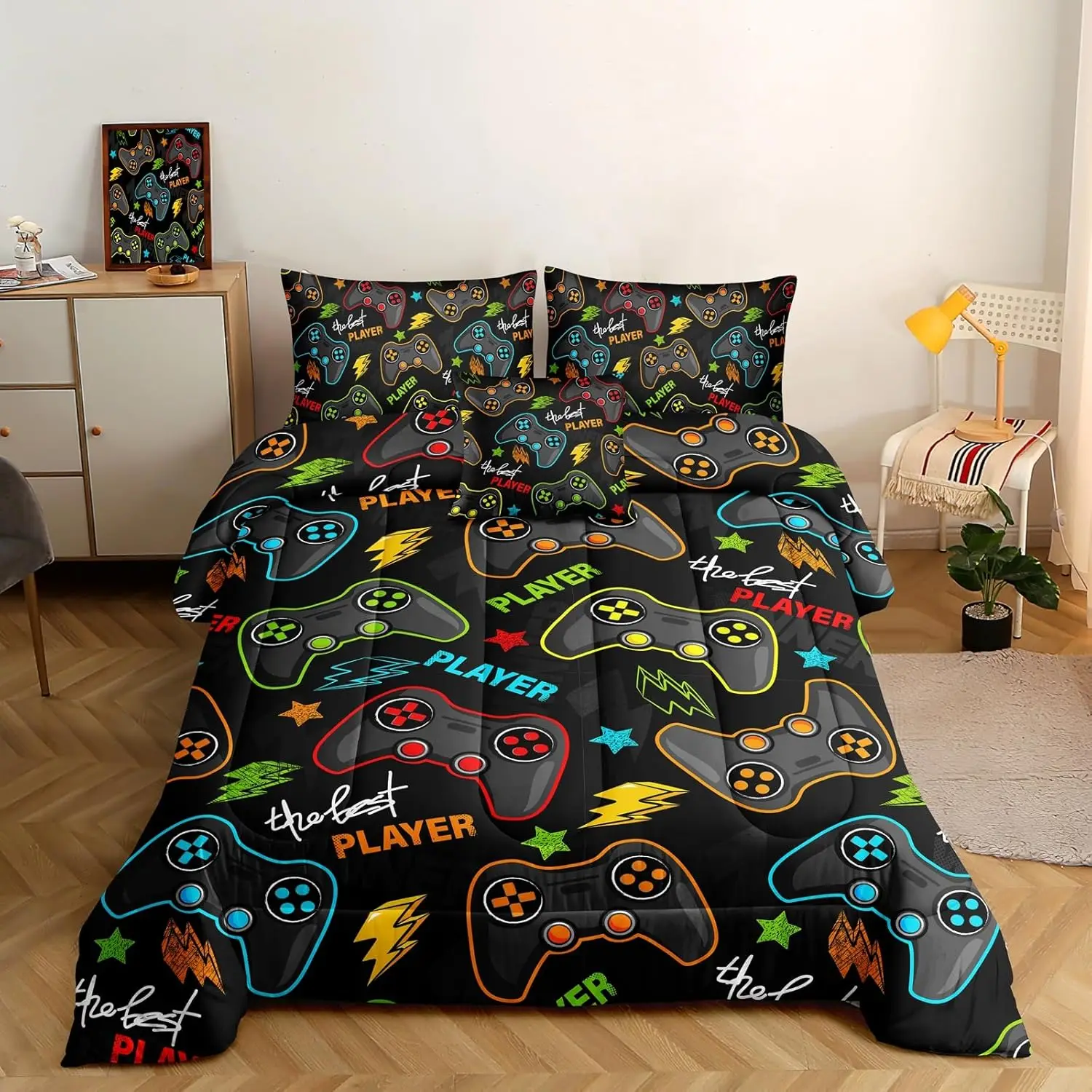 

6-Piece Gaming Bedding Set for Boys, Full Size Comforter with 3D Gamepad Design, Microfiber